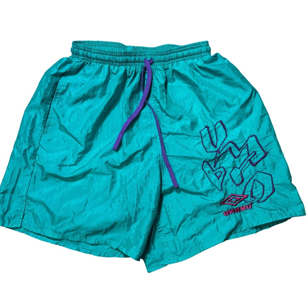 Umbro Nylon Soccer Shorts Mens Small Teal Vintage 90s Made in USA Athletic
